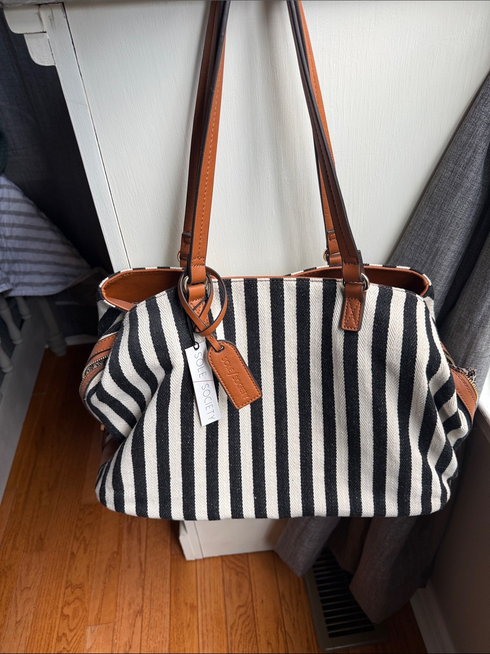 Sole Society Black and White Striped Tote with Tan Trim and Straps